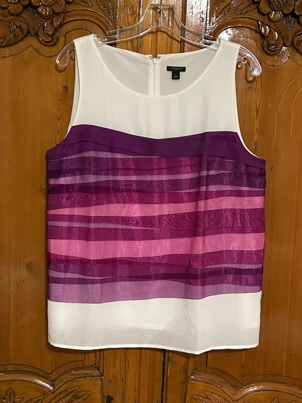 Ann Taylor White and Purple Bandaid Stripe Organza Style top. Large